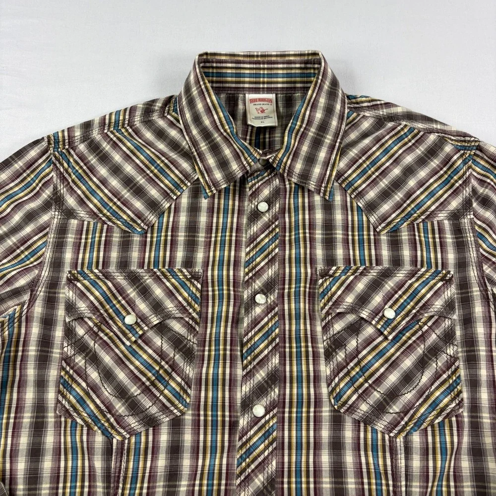 True Religion Western Shirt Mens‎ XL Lot of 2 Plaid Pearl Snap Up Long Sleeve